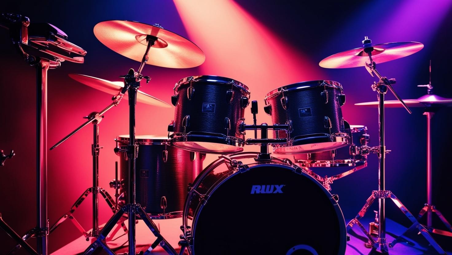 a drum kit with drums and drums in a stage