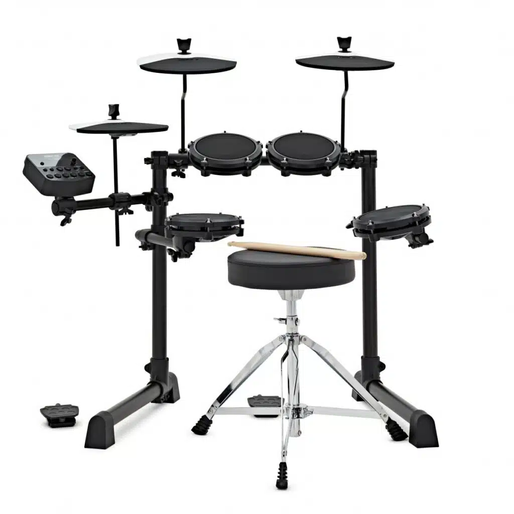 a drum set with a stool
Alesis Debut Kit