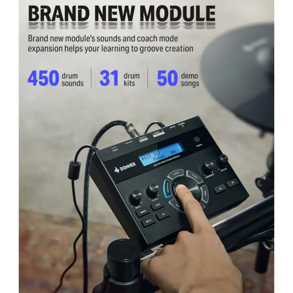 a hand pressing a button on a device
Donner DED-200