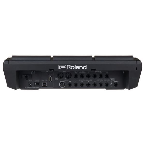 Panneau arrière du Roland SPD-SX Pro : DC IN, USB Computer et Memory, MIDI, Audio In, entrées Trigger, Direct Out, Master Out et casque