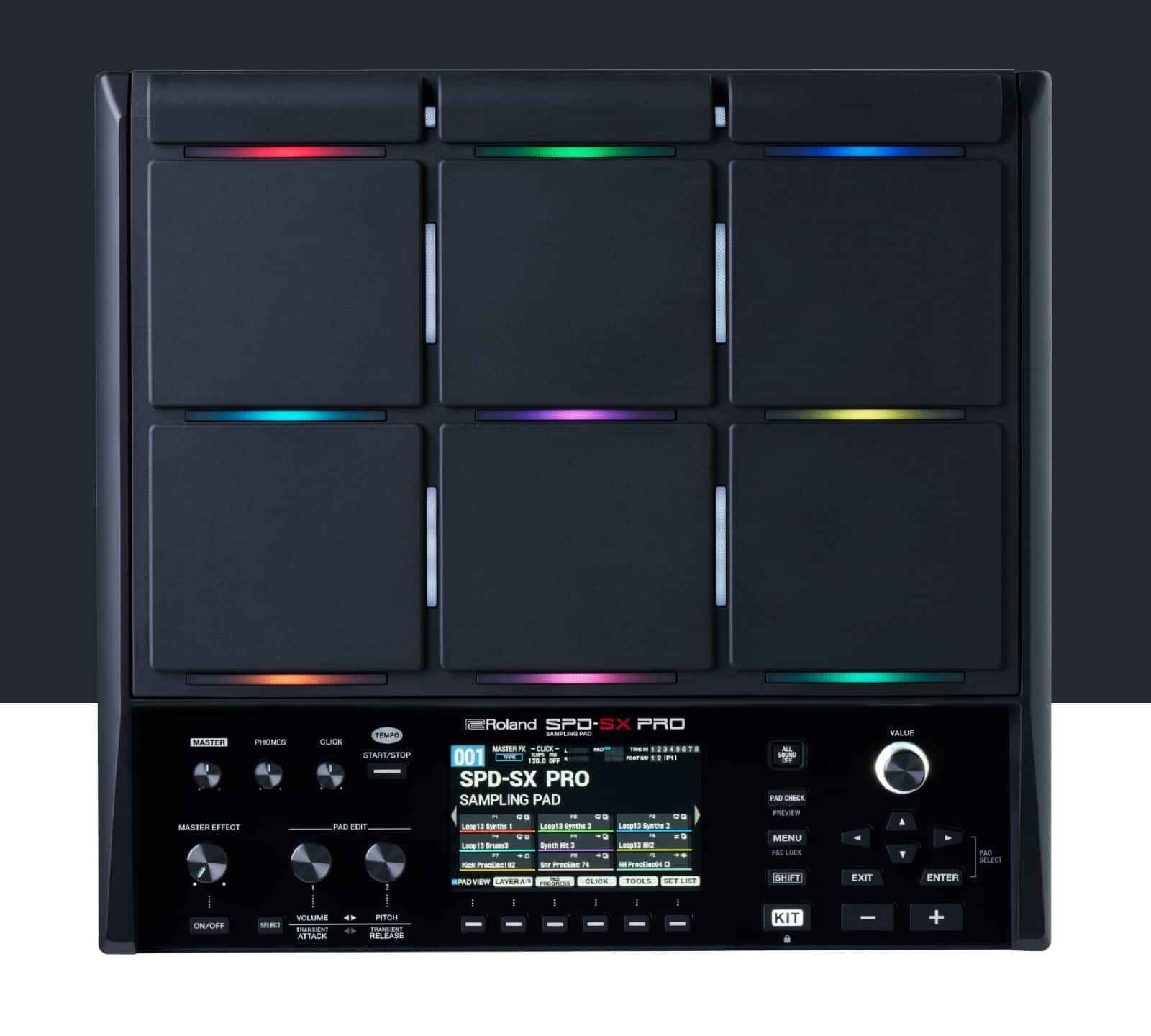 Roland SPD-SX Pro vu de dessus, écran affichant SPD-SX PRO Sampling Pad et LED de couleur sous chaque pad
