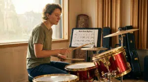 Un batteur apprend des rythmes de rock. Partitions batterie débutant