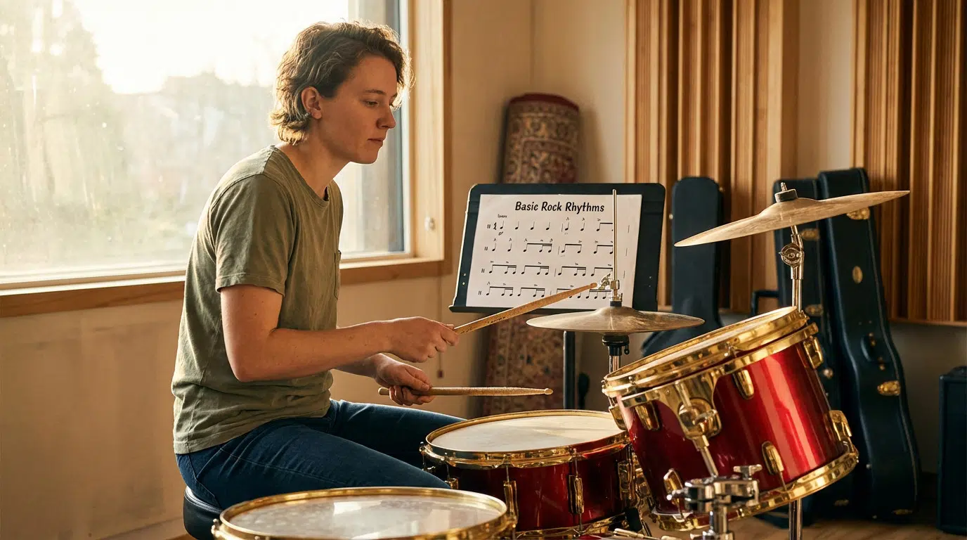 Un batteur apprend des rythmes de rock. Partitions batterie débutant