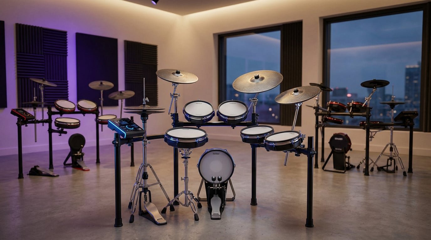 Batterie électronique dans un studio moderne.
