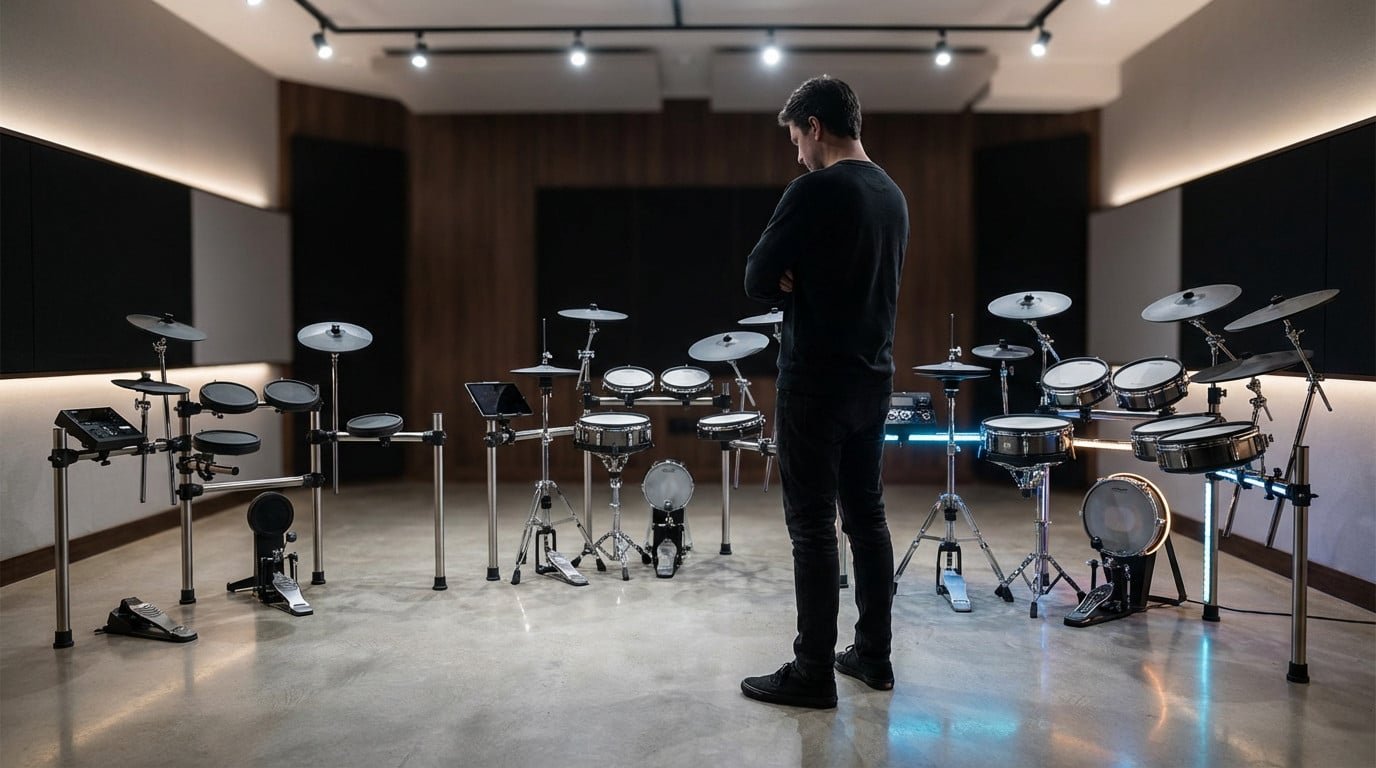 Anonymous figure in a modern studio contemplating three electronic drum kits of varying sizes and complexity, bathed in cinematic light.