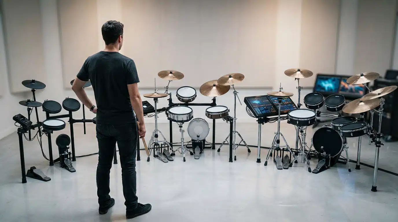 Man in modern studio viewing three electronic drum kits, from beginner to advanced. Soft lighting highlights clean, minimalist setting.
