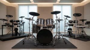 Vista de estudio profesional de tres baterías: una acústica central, dos electrónicas en plataformas a los lados.