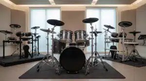 Vista de estudio profesional de tres baterías: una acústica central, dos electrónicas en plataformas a los lados.