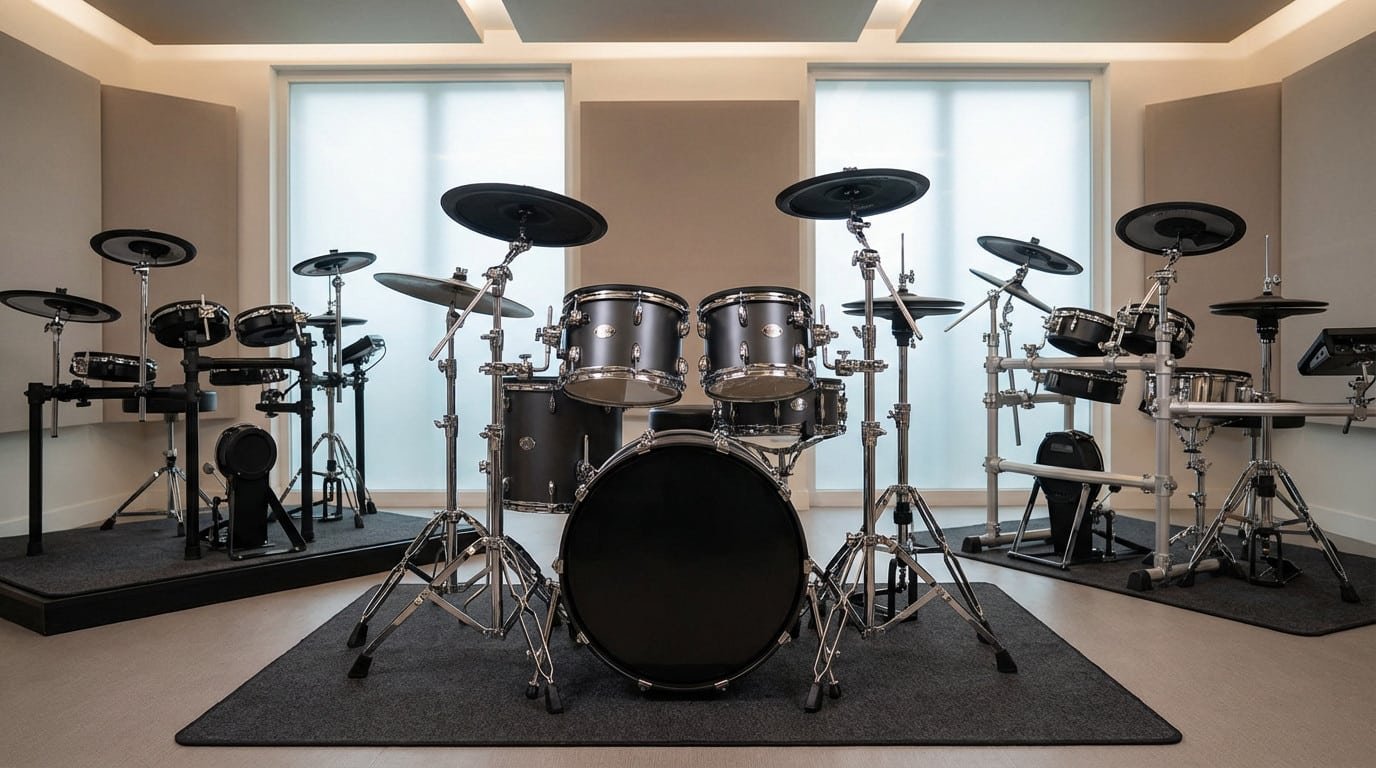 Vista de estudio profesional de tres baterías: una acústica central, dos electrónicas en plataformas a los lados.