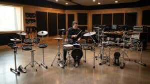 A drummer plays an electronic kit in a modern studio featuring a progression of electronic drum sets, from compact to professional.