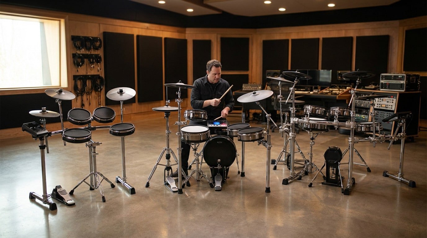 A drummer plays an electronic kit in a modern studio featuring a progression of electronic drum sets, from compact to professional.