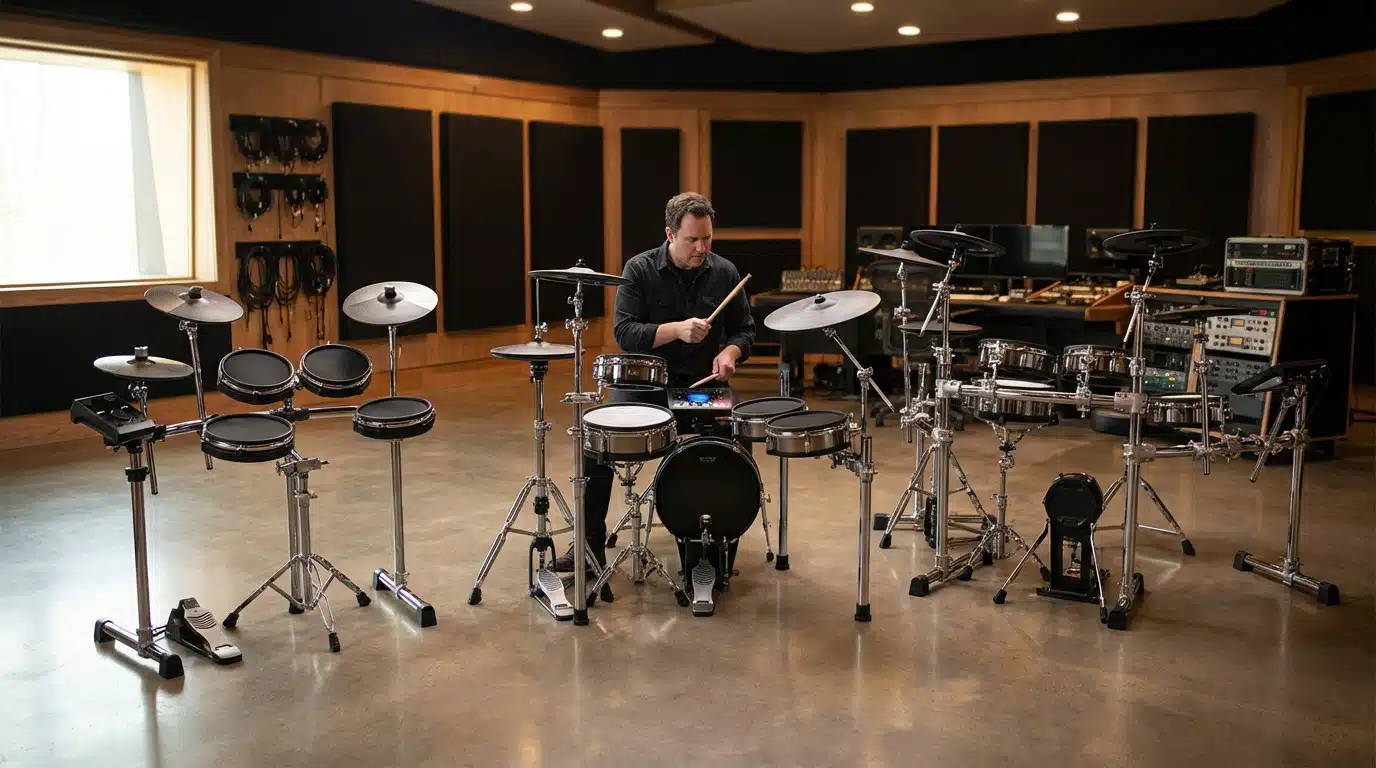 A drummer plays an electronic kit in a modern studio featuring a progression of electronic drum sets, from compact to professional.