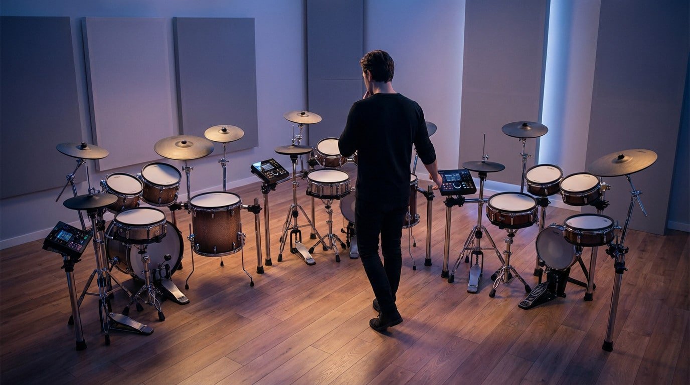 Un homme joue de la batterie électronique. Donner