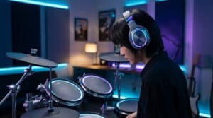Musicien jouant de la batterie électronique. casques pour batterie leguidedesbatteurs.com