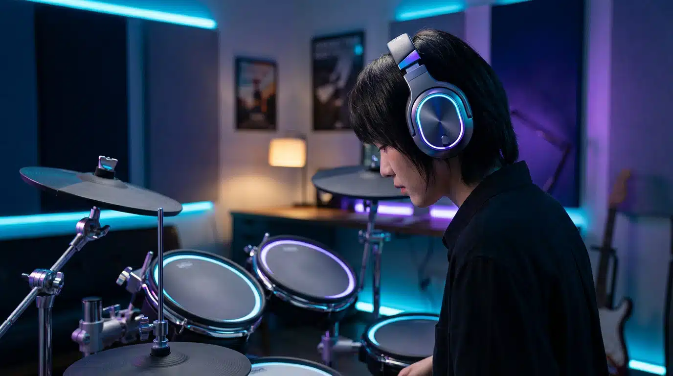 Musicien jouant de la batterie électronique. casques pour batterie leguidedesbatteurs.com