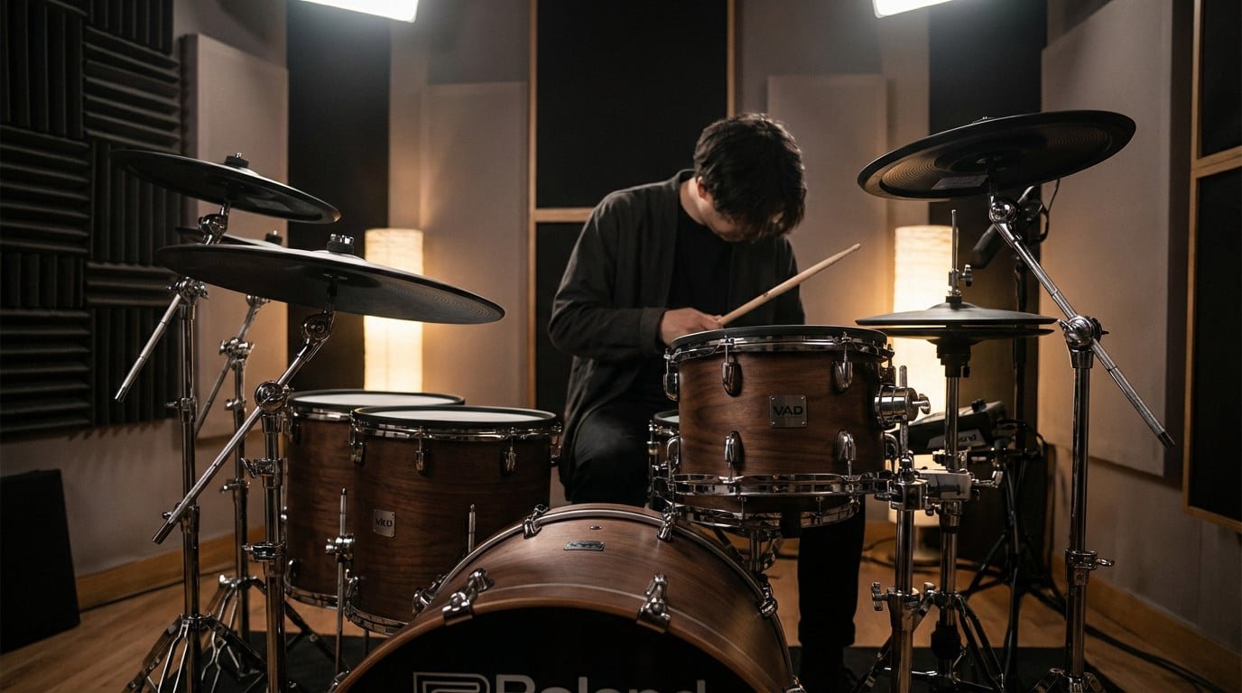 A musician is seated at a high-end electronic drum kit with realistic wood shells and mesh heads in an acoustically treated studio. Soft lighting highlights the kit and the focused drummer.