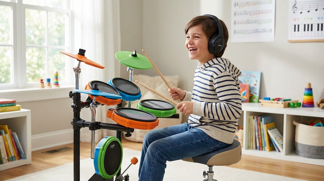 Enfant jouant de la batterie. batterie électronique pour enfant