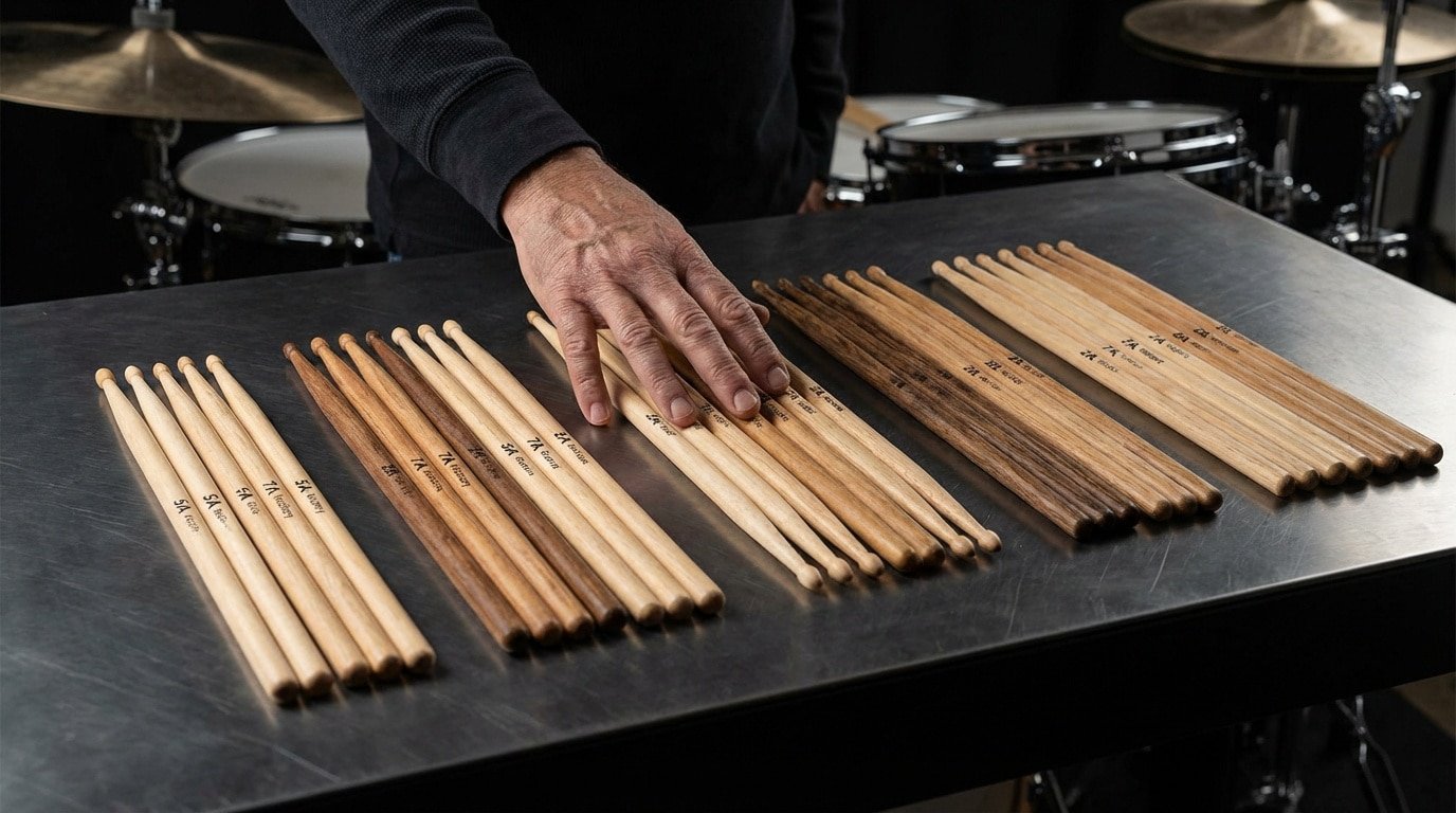 Une main touche des paires de baguettes de batterie variées (bois clair, foncé) alignées sur une table en métal, avec une batterie en arrière-plan.