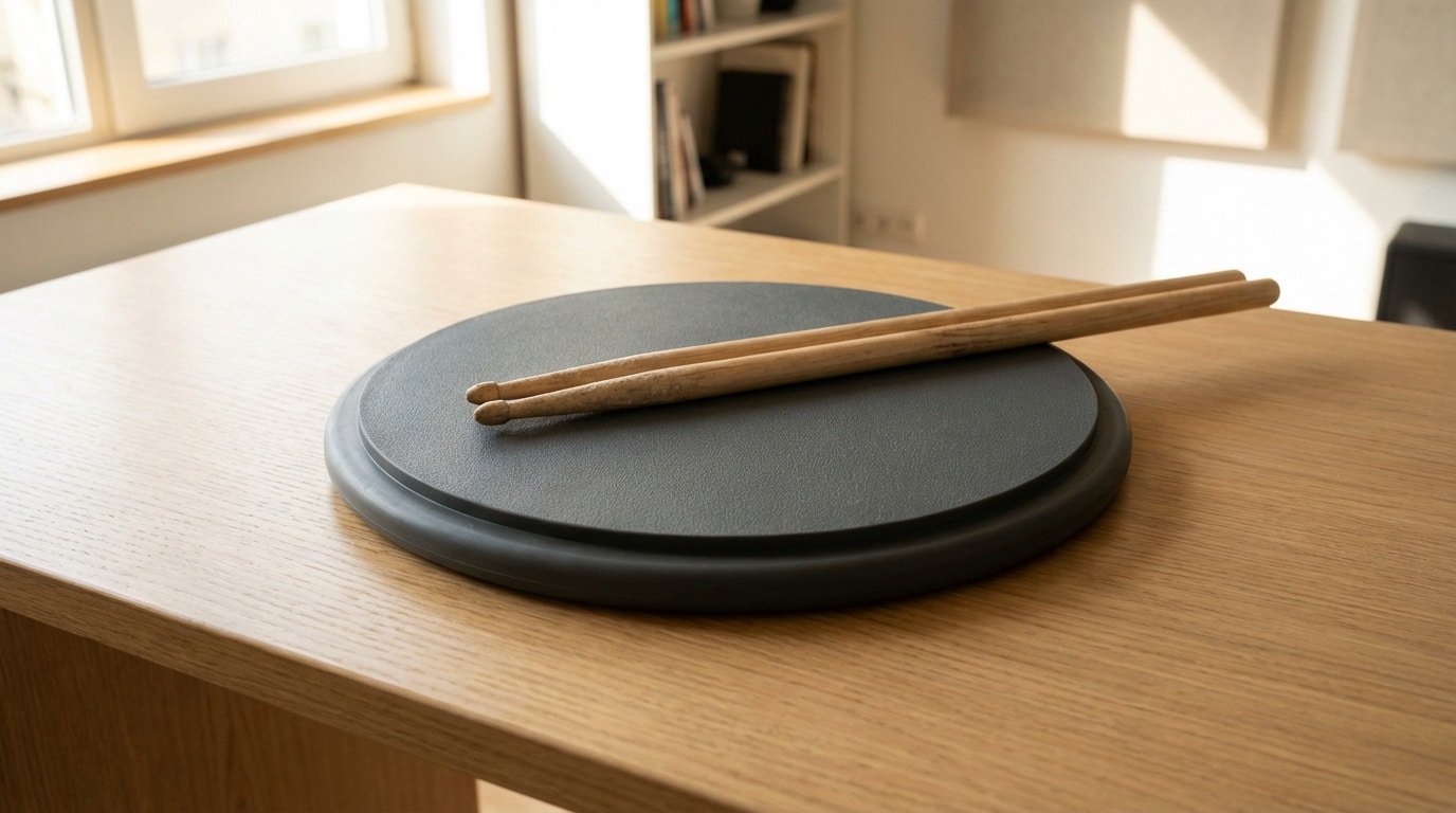 Baguettes de batterie sur une table. meilleurs pads d'entraînement batterie