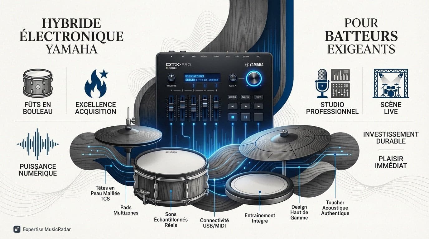 Batterie électronique Yamaha DTX8K-M avec fûts en bouleau et peaux mesh
