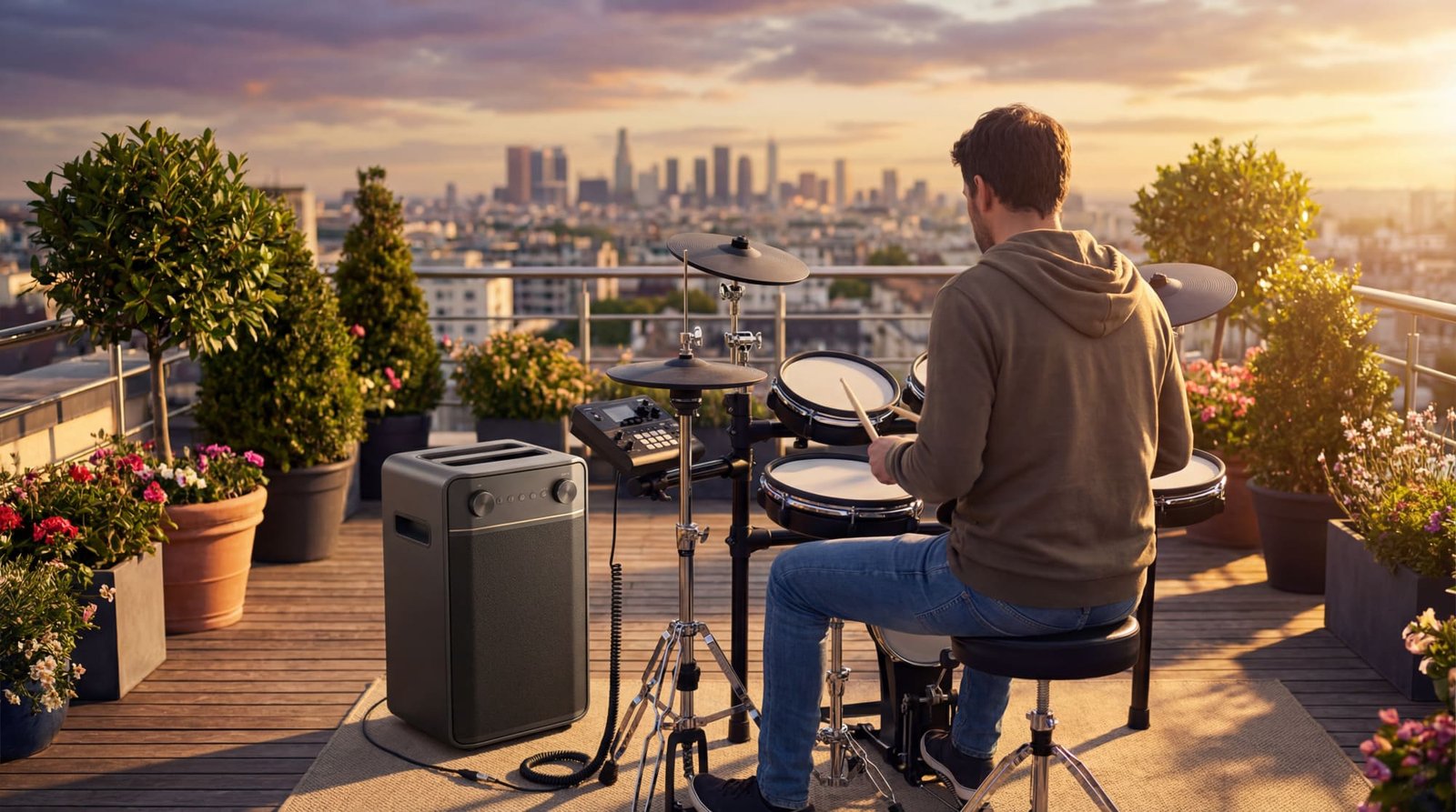 Batteur sur un toit au coucher de soleil. enceinte nomade