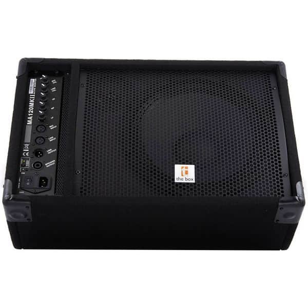 the box MA120 MKII vu de face, grille métallique et caisse moquettée