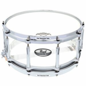 Vue trois quarts de la Pearl Crystal Beat Free Floating 14x6,5 avec cercles MasterCast et fut acrylique sans attaches