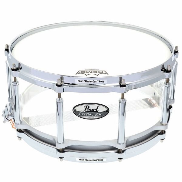 Vue trois quarts de la Pearl Crystal Beat Free Floating 14x6,5 avec cercles MasterCast et fut acrylique sans attaches