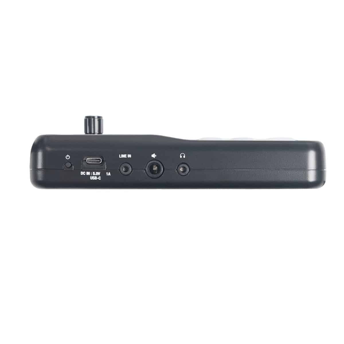 Connectique du module Shiver EDS-1 : alimentation USB-C 5V, entrée ligne, sortie ampli et sortie casque