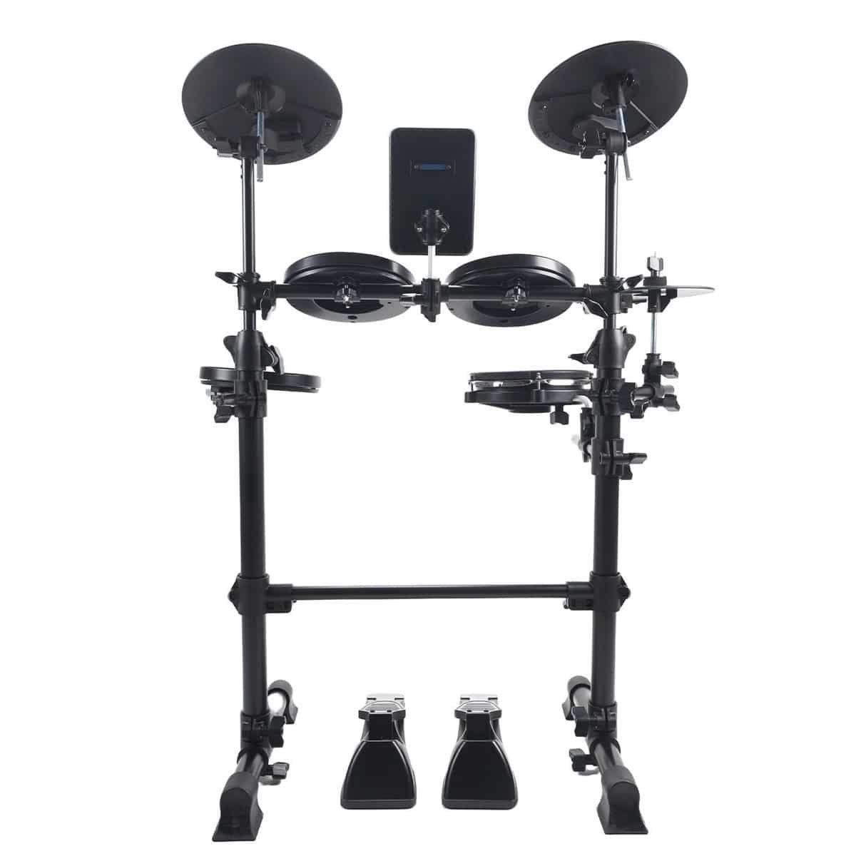 Vue arrière du rack de la Shiver EDS-1 montrant la fixation du module multi-broches et les bras de cymbales