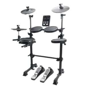 Batterie électronique Shiver EDS-1 vue de trois quarts : rack noir, trois pads maillés, caisse claire, trois cymbales et deux contrôleurs de pédale