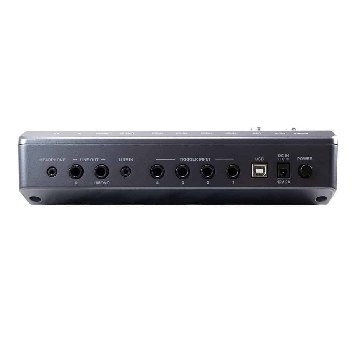 Connectique arriÚre du module Shiver EDS-2 : casque, line out R et L/mono, line in, quatre entrées trigger, USB et alimentation 12V 2A