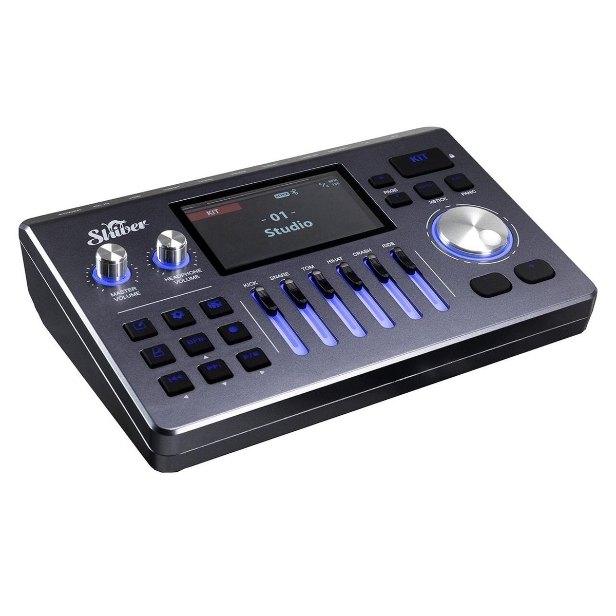 Module de sons Shiver EDS-2 : écran couleur, six faders lumineux kick, snare, tom, hi-hat, crash, ride et grande molette de navigation