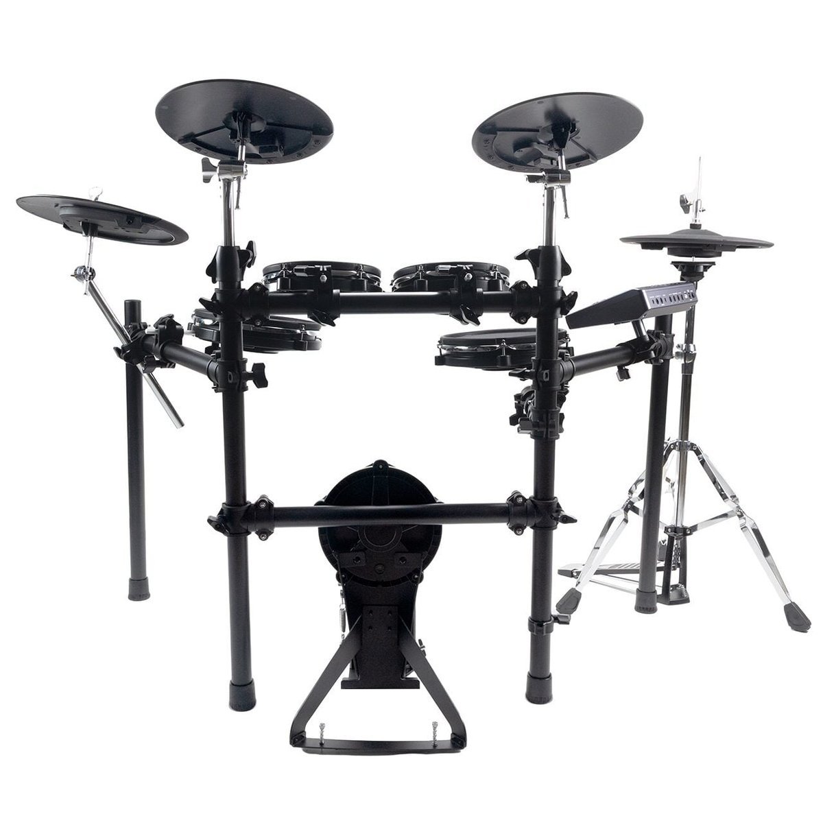 Vue arriĂšre de la Shiver EDS-2 : rack, dos des pads de cymbales et fixation du module
