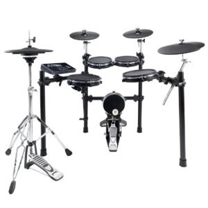 Batterie électronique Shiver EDS-2 complète : quatre pads maillés, grosse caisse maillée sur pied avec pédale, trois cymbales et charleston sur pied