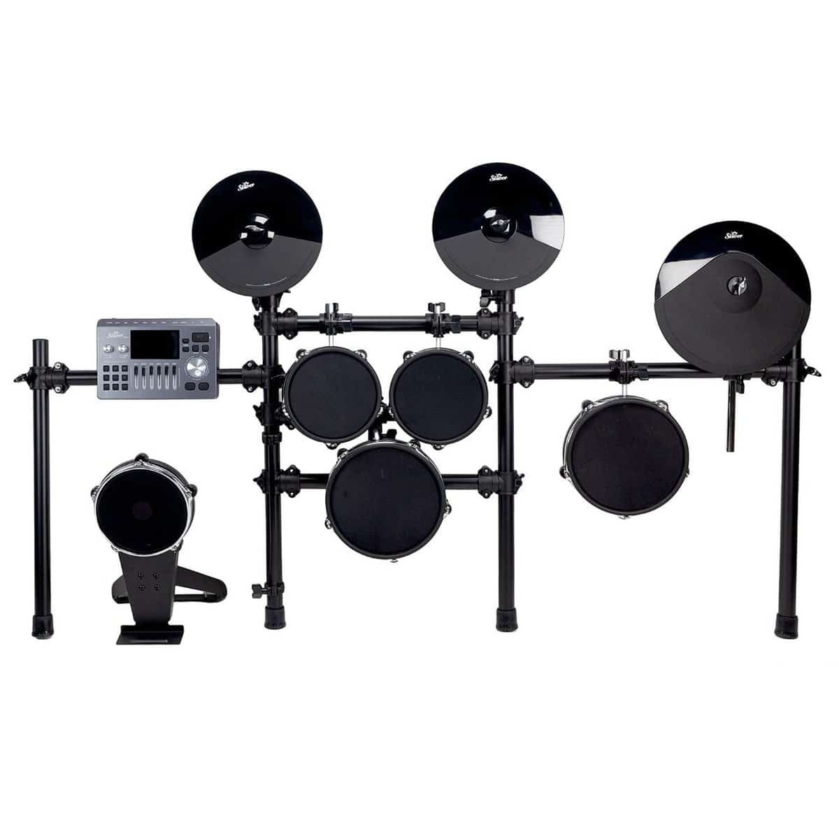 Shiver EDS-2 vue de face : trois cymbales, quatre pads maillés, module gris et grosse caisse déportée