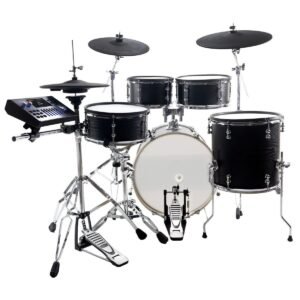 Batterie électronique hybride Shiver EDS-3 : fûts en tilleul noir, grosse caisse 20 pouces, caisse claire sur pied, deux toms, tom basse et cymbales sur pieds