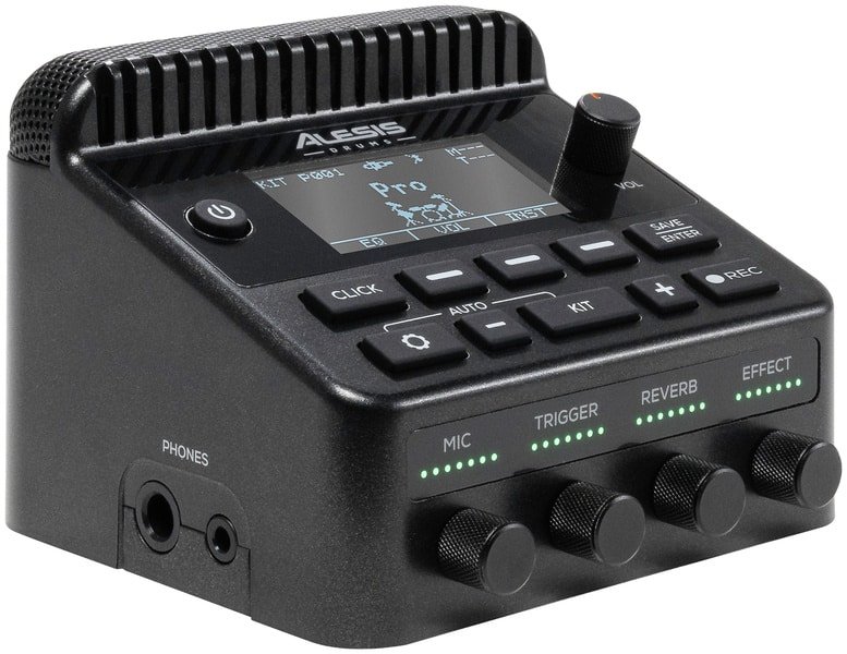 Alesis Kitstream vu de trois quarts : écran, boutons et potentiomètres Mic, Trigger, Reverb et Effect