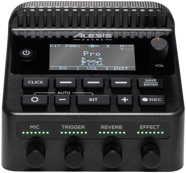 Façade de l’Alesis Kitstream : écran rétroéclairé, touches Click, Kit et Rec, quatre potentiomètres avec témoins verts