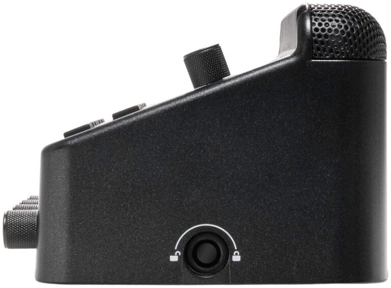 Profil gauche de l’Alesis Kitstream avec le bouton de verrouillage sur son support