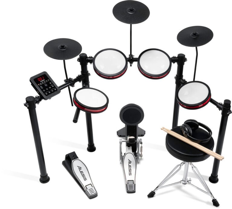 Alesis Turbo Pro Kit vue de face : 4 pads mesh, 3 cymbales et tour de grosse caisse