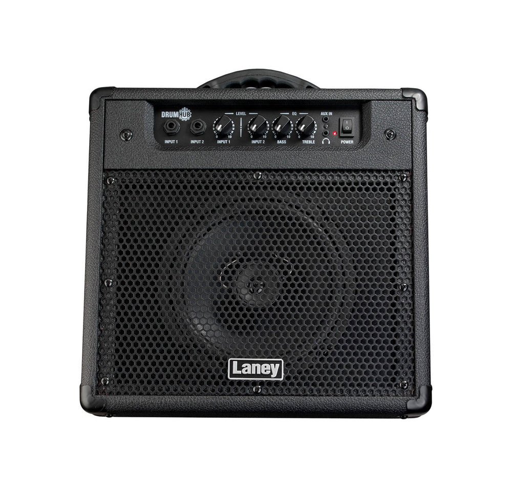 Laney Drumhub DH-40 vu de face, grille et logo Laney