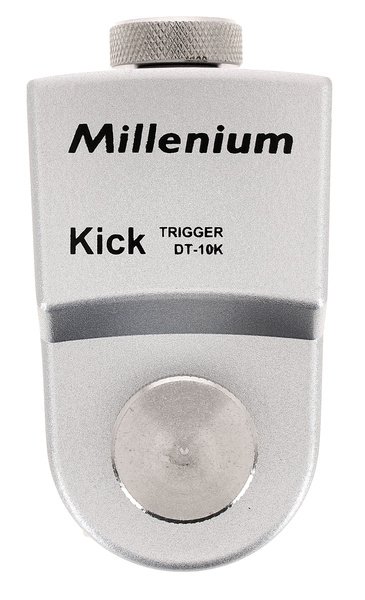 Millenium DT-10K vu de face : boîtier argenté marqué Kick Trigger et molette de réglage