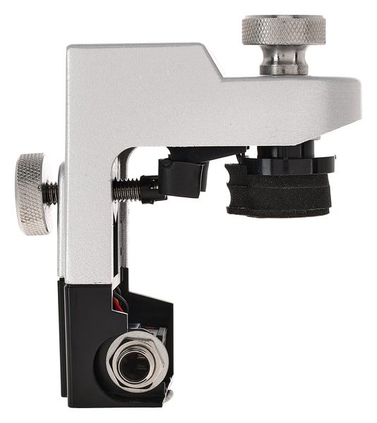 Profil du trigger DT-10R : molette latérale de serrage, capteur entouré de mousse et prise jack