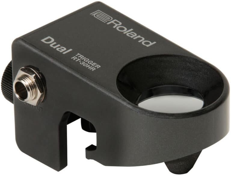 Trigger Roland RT-30HR côté sortie jack, avec l'inscription Dual et la coupelle du capteur de peau