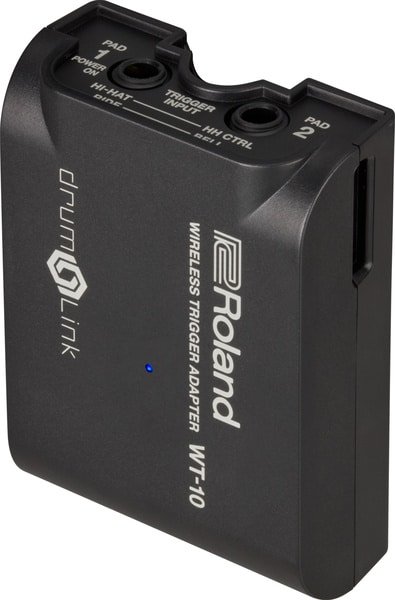 Roland WT-10 Wireless Trigger Adapter vu de trois quarts avec ses deux entrées PAD 1 et PAD 2